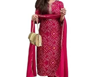 77% Off: GoSriKi Women’s Rayon Viscose Straight Bandhej Printed Kurta with Pant @ Rs 599