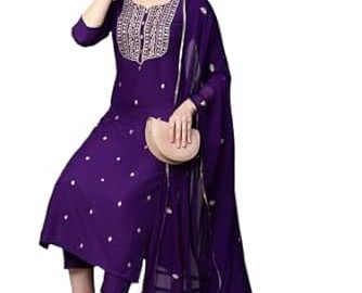 77% Off: GoSriKi Women’s Cotton Blend Embroidered Kurta Set with Pant & Dupatta @ Rs 599