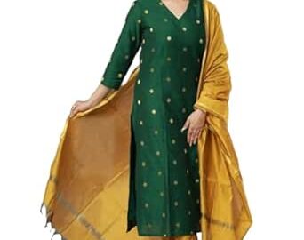 76% Off: GoSriKi Women’s 3 Piece Kurta Pant Dupatta Set | Silk Cotton Kurta Set @ Rs 619