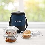 Borosil Elite Lunchbox 400ml x 3 Round Container Set Made in India Borosilicate Glass Microwave Dishwasher Safe Tiffin for Office School College Vertical