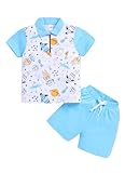 LITTLE NINJA Cotton Half Sleeves Space Theme Printed Polo Tee Shorts Set Blue White at Rs 202