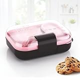 ATTRO Food Bite Kids Plastic Lunch Box 3 Compartments 1 Small Container Spoon with Stylish Lid BPAFree Freezer Safe Ideal for School Travel Outdoor Purple Pink500ml