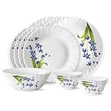 Larah by Borosil Fluted Series Lavender Opalware Dinner Set 13 Piece for Family of 4 Microwave Dishwasher Safe BoneAsh Free Crockery Set for Dining Gifting Plates Bowls White