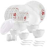 CELLO Scarlet Bliss Dazzle Series Opalware Dinner Set of 37 Pieces for Family of 6 BoneAsh Free Leadfree Opal Glass Microwave Dishwasher Safe Plates Bowls Crockery Set for Dining Gifting