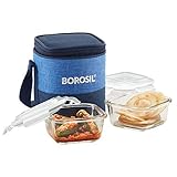 Borosil Prime Lunchbox with Bag 2pc Square Container Set 320ml Each Made in India Borosilicate Glass Tiffin Microwave Dishwasher Safe Lunch Box for Office College School