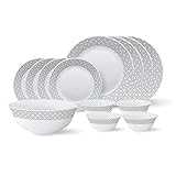 Larah by Borosil Tiara Series Black Grey Cone 13 Pcs Opalware Dinner Set White