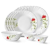 Larah by Borosil Oriental Fluted Series Opalware Dinner Set 13 Pieces for Family of 4 Microwave Dishwasher Safe BoneAsh Free Crockery Set for Dining Gifting Plates Bowls White