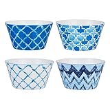 Solimo Ceramic Bowl Set of 4 Microwave Dishwasher Safe Bowls for Snacks Fruits Salad Desserts BPA LeadFree Bowls 400ml White Blue Ocean