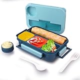 ATTRO Plastic Proton 4 Compartment Lunch Box with Small Container Spook Fork Included Snap Lock Design LeakProof BPA Free Food Grade1550ml Dark Blue