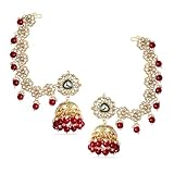 Rubans 22K GoldPlated Kundan Studded Kan Chain Earrings with Beads Green Enamel Detailing Long Ear Chain Earrings for Women and Girls