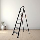 Bonkaso Climb Lite Pro 5 Steps Foldable Aluminium Ladder Load Capacity upto 120kg Multipurpose ladder for home office AntiSkid Steps Heavy Duty Platform 5 Years Warranty 165h x 49w Cms Black