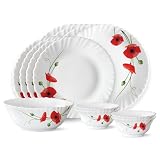 Amazon Larah by Borosil Fluted Series Red Carnation Opalware Dinner Set 13 Piece for Family of 4 919