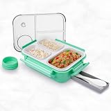 ATTRO Smart 3 Compartment Lunch Box with Small Container Spoon Fork Included Four Side Snap Lock Breathable Button Design LeakProof BPA Free Food Grade 690ml Mint Green Plastic