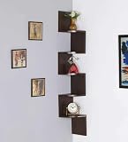 Furniture Cafe Wooden Wall Shelves Corner Hanging Shelf for Living Room Stylish Zig Zag Home Decor Floating Display Rack Storage Organizer Unique Design with Dark Brown Finish 5 Tiers