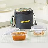 Borosil Foodluck Olive Lunchbox Set of 2 Square Container 320ml Each Made in India Borosilicate Glass Microwave Dishwasher Safe Leakproof Tiffin for OfficeSchoolCollege Vertical