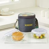 Borosil Lunchbox with Bag Set of 2 400ml Borosilicate Glass Round Vertical Microwave Dishwasher Safe Leak Proof Tiffin for Office School College Foodluck Olive