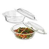 Solimo Set of 2 Borosilicate Glass CasseroleCumServing Bowl with Lid Microwave Oven Safe Deep Round 650 Ml Each Transparent