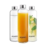 AGARO Elite Borosilicate Glass Water Bottles Pack of 3 1000ml Capacity Each Microwave Freezer Safe Leak Proof Airtight Lid Scratch Resistant Transparent