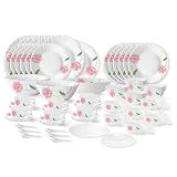 Larah by Borosil Red Mist Fluted Series Opalware Dinner Set 66 Pieces for Family of 6 Microwave Dishwasher Safe BoneAsh Free Crockery Set for Dining Gifting Plates Bowls White