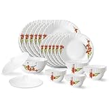 Larah by Borosil Red Iris Fluted Series Opalware Dinner Set 28 Pieces for Family of 6 Microwave Dishwasher Safe BoneAsh Free Crockery Set for Dining Gifting Plates Bowls White