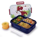 ATTRO Quick 3 Lunch Box Dinosaur Theme with Includes 3 Compartments 1 Small Container Baby Spoon BPAFree FoodGrade Perfect for Kids Dark Blue 1300ml Plastic