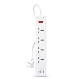 Honeywell 4 Outlet Extension Board with Master Switch 6 Amps 250V 1xType C 2xUSB 4 International Sockets Pure Copper 6 Advanced Safety Features 2 Mtr Power Cord BIS Certified