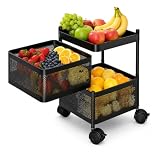 Homeor 2 Layer Kitchen Trolley with Wheels 360 Rotating Metal Storage Rack for Vegetables Fruits Onion Spices Square Multipurpose Kitchen Organizer Stand Metal Kitchen Trolley Matte Black