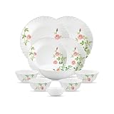 La Opala Opal Glass Crockery for Family of 2 Dinner Set 10 pcs Rose Garden Plates Bowls for Dining Microwave Safe 100 Vegetarian Extra Strong Extra Light White
