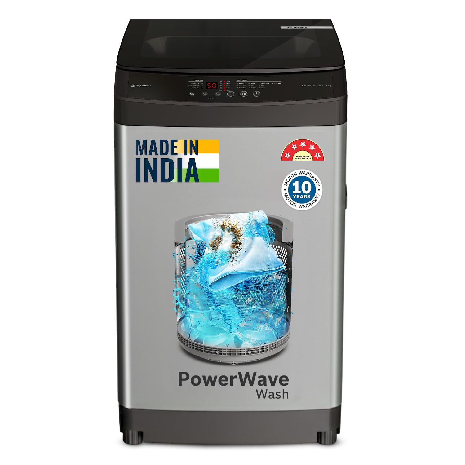 Bosch 8 kg 5 Star Fully Automatic Top Load Washing Machine,PowerWave Wash,Inbuilt Dual Lint Filter, Stainless Steel VarioDrum with 5 fin Pulsator, Flex Drain, Water Save,Dark Grey (WOE80AH0IN)