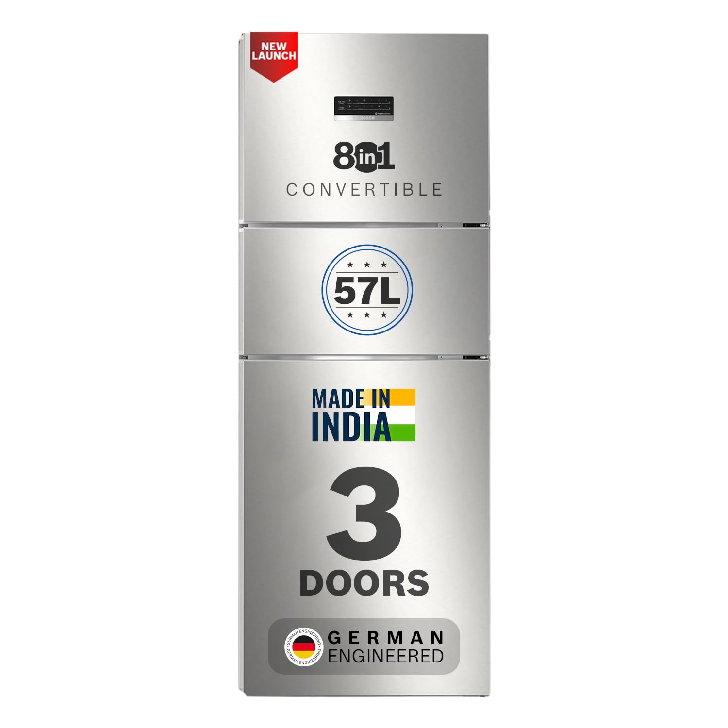 Bosch 302L, 3 Star, MaxFlex Convert Frost Free Triple Door Refrigerator | 8-in-1 Convertible Storage Modes | 57L Extra Convertible Zone | Cool Extend up to 18 hours (CMC33S03NI, Fine Steel)