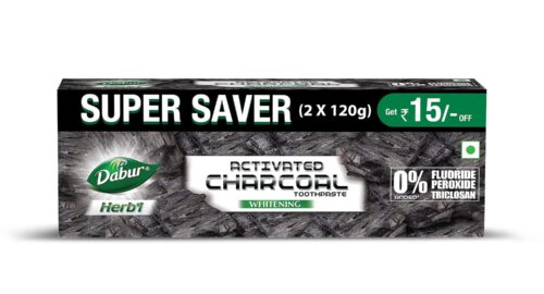 DABUR Herb’L Activated Charcoal Toothpaste 240G (120G x2, Pack of 2)|Whitening Black Gel Toothpaste|Fluoride Free|Fights Plaque & Extrinsic Stains|With Power of Mint|Cool & Refreshing Mouth Experience