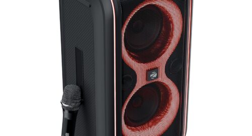 Zebronics Portable Bluetooth Speaker, Upto 5 Hours Playback, Dual 16.51cm Drivers, Karaoke, TWS, BT v5.4, USB, mSD, AUX, RGB, Wireless Mic with Display, Mobile Holder (Party Fyre 90)