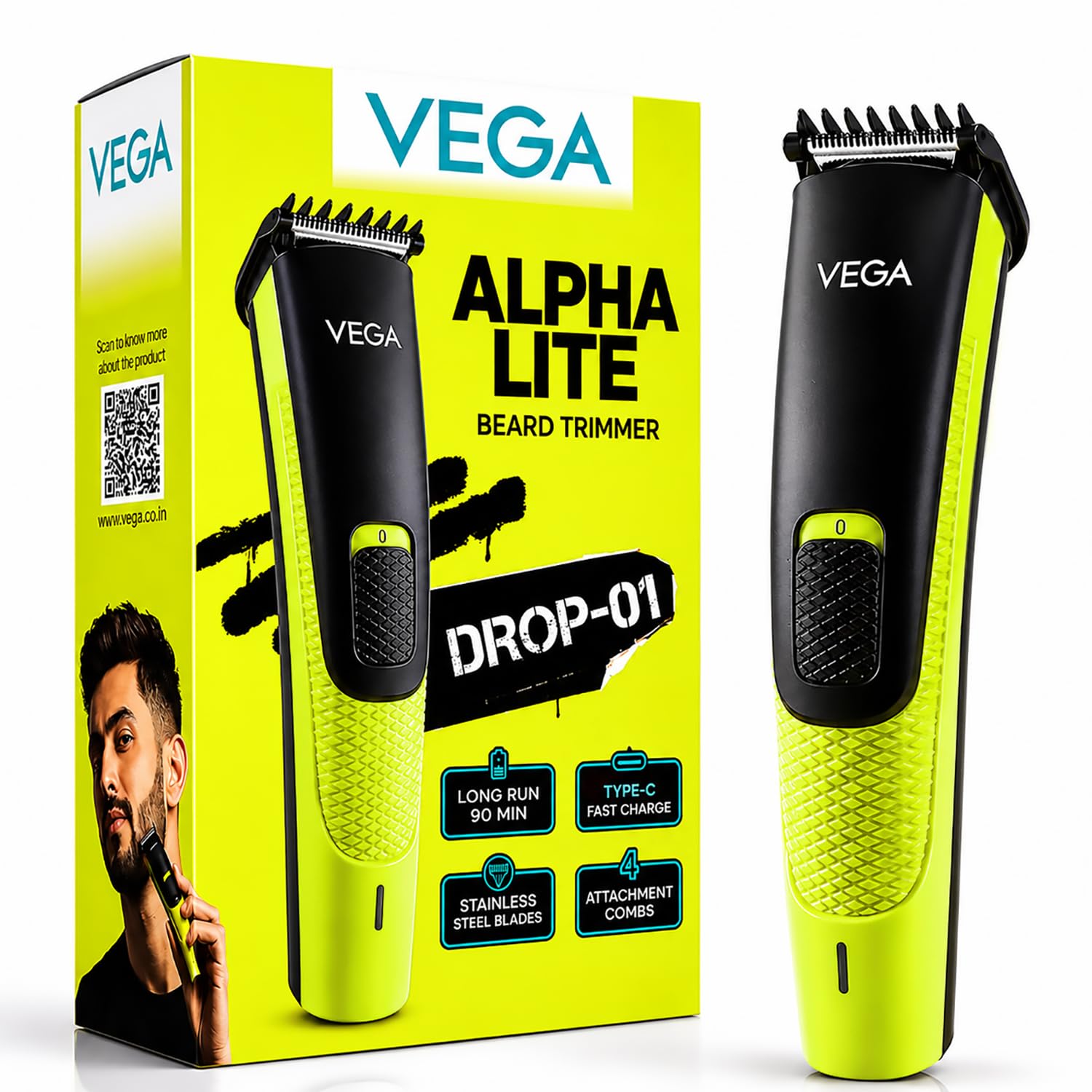 VEGA Alpha Lite Beard Trimmer for Men, Self-Sharpening Blades, Trimmer for Man, 4 Comb Attachment, Up to 6 Weeks Runtime 1 Charge, USB Type-C 2X Fast Charging, 2 Yrs Warranty(VHTH-44)