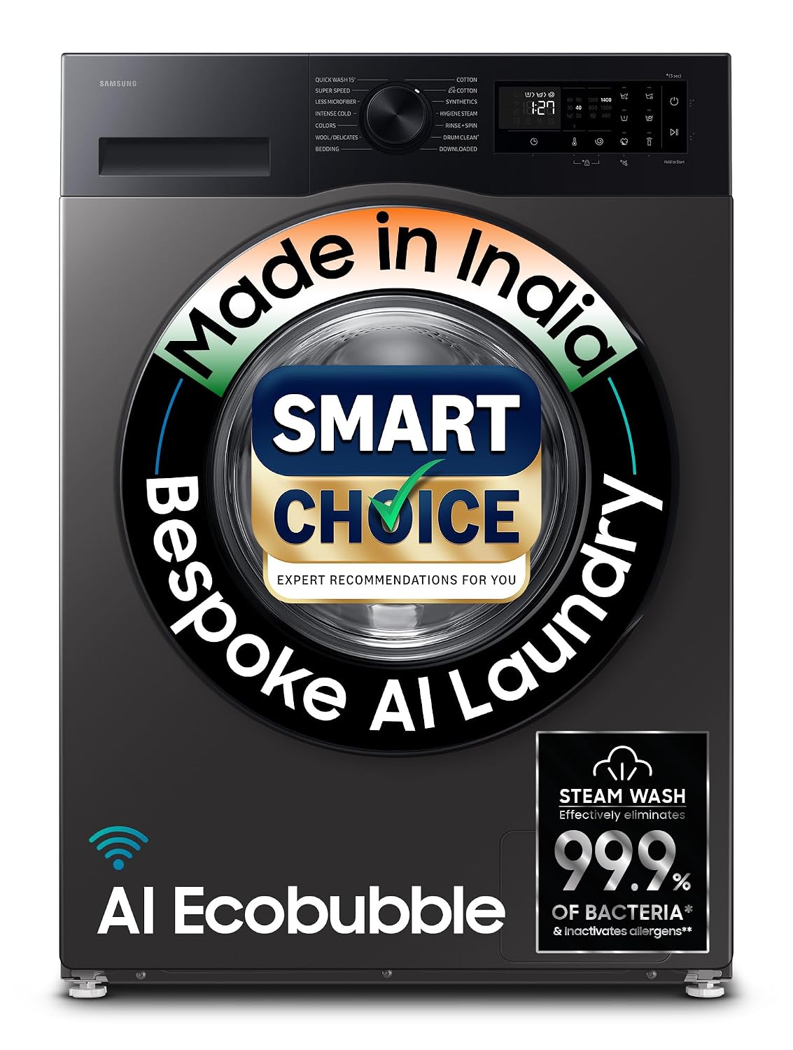 Samsung Smart Choice 12 kg, 5star, AI Ecobubble, Super Speed, Wi-Fi, Hygiene Steam with Inbuilt Heater, Digital Inverter, Fully-Automatic Front Load Washing Machine (WW12DG5B24AXTL, Inox)
