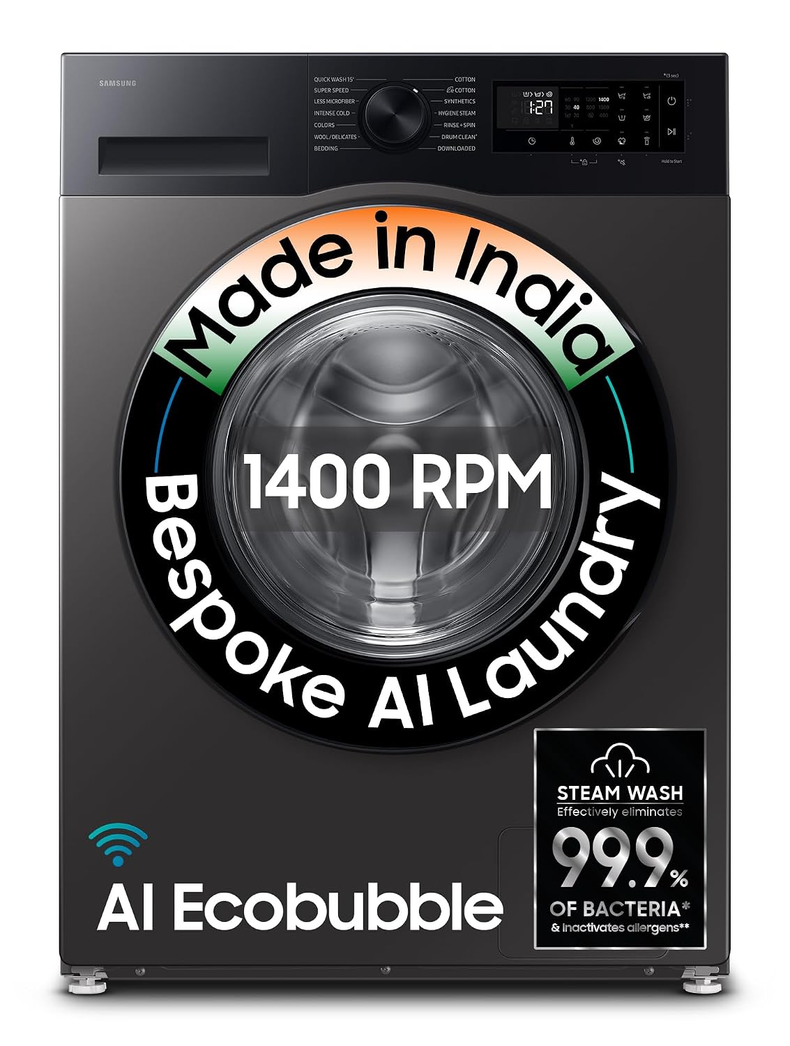 Samsung 9 kg, 5 star, AI EcoBubble, Super Speed, Wi-Fi, Hygiene Steam with Inbuilt Heater, Digital Inverter, Fully-Automatic Front Load Washing Machine (WW90DG5U24AXTL, Inox)