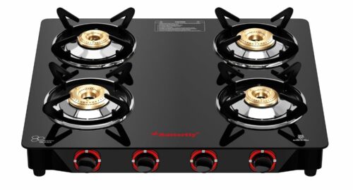 Butterfly Smart 4 Burner Glass Top Gas Stove | Manual Ignition | Scratch Resistant Toughened Glass | Brass Burners | Skid-proof Legs | 1 Year Manufacturer’s Warranty | Black