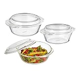 Solimo Borosilicate Glass CasseroleCumServing Bowl with Lid Set of 3 Safe for Use in Oven and Microwave Deep Round 650 Ml 1000 Ml 1500 Ml Transparent