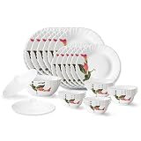 Larah by Borosil Stargazer Fluted Series Opalware Dinner Set 28 Pieces for Family of 6 Microwave Dishwasher Safe BoneAsh Free Crockery Set for Dining Gifting Plates Bowls White