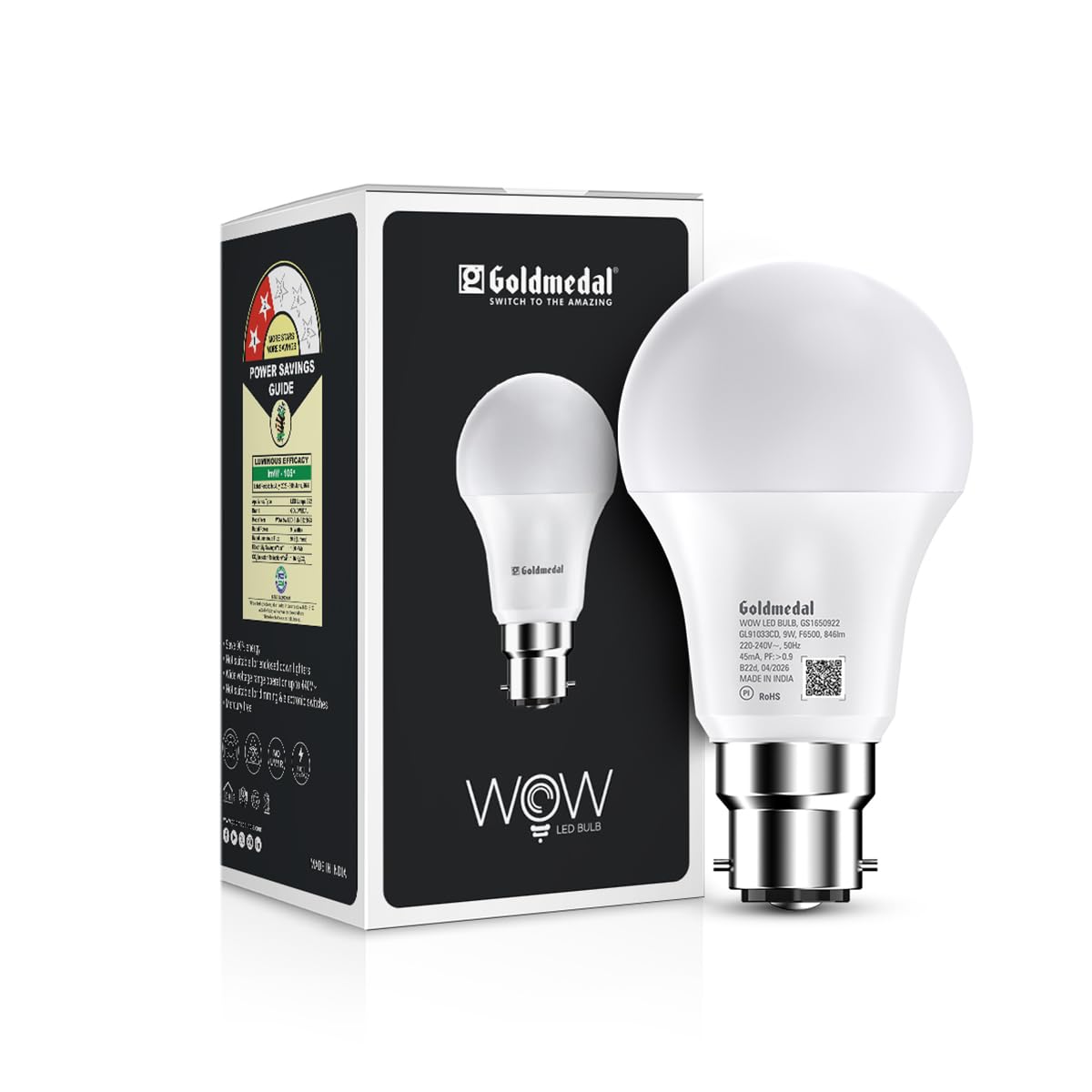Goldmedal WOW 9W B22 Base LED Bulb For Home & Office | 230 Degree Light Coverage | 4kV Surge Protection | High Voltage Protection | Energy Efficient | Cool Daylight (6500K)