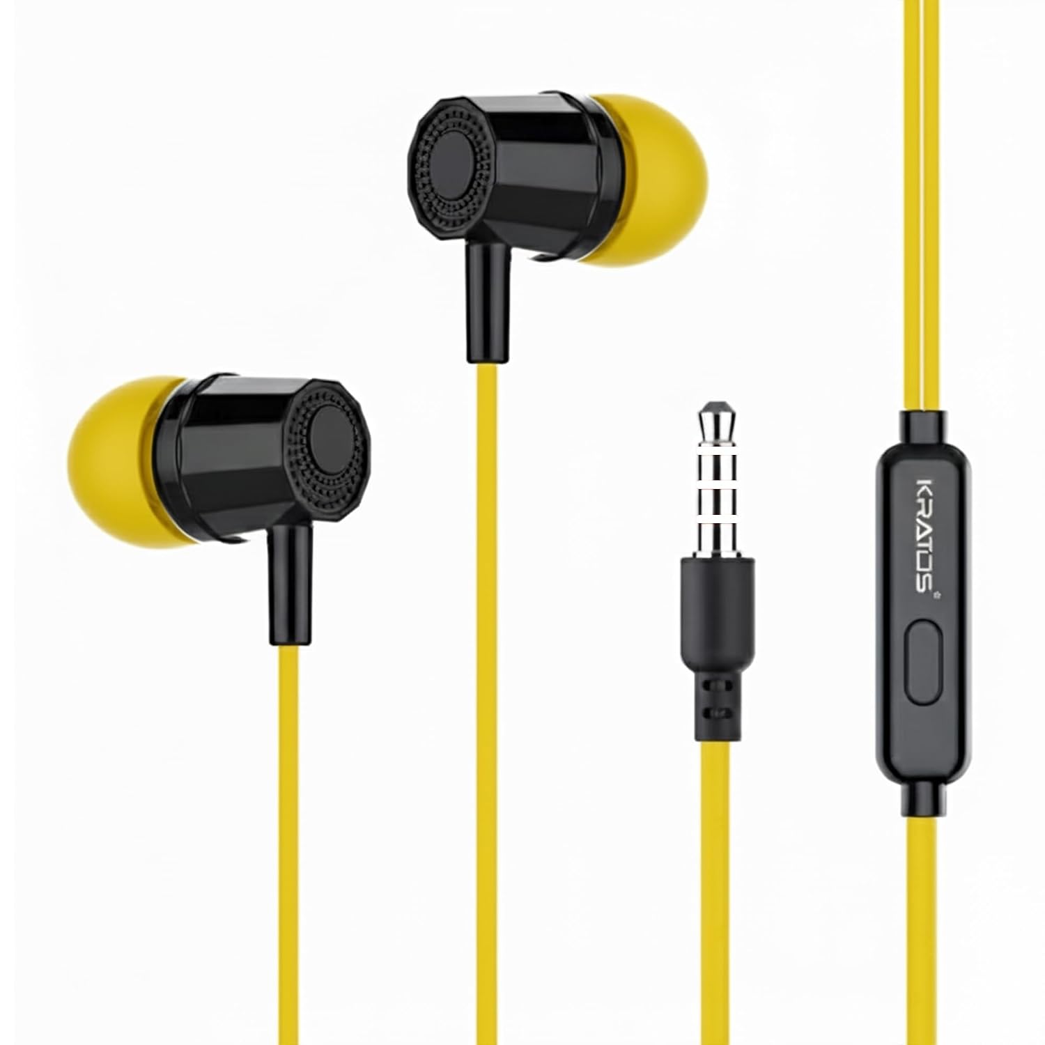 Kratos E02 Yellow Wired Earphones with 3.5mm Jack Inline Mic Control for Clear Calling & Music, Multi-Functional Controller,Sweat Resistant,Comfort Fit Wired Ear Phones,Compatibility with All Mobiles