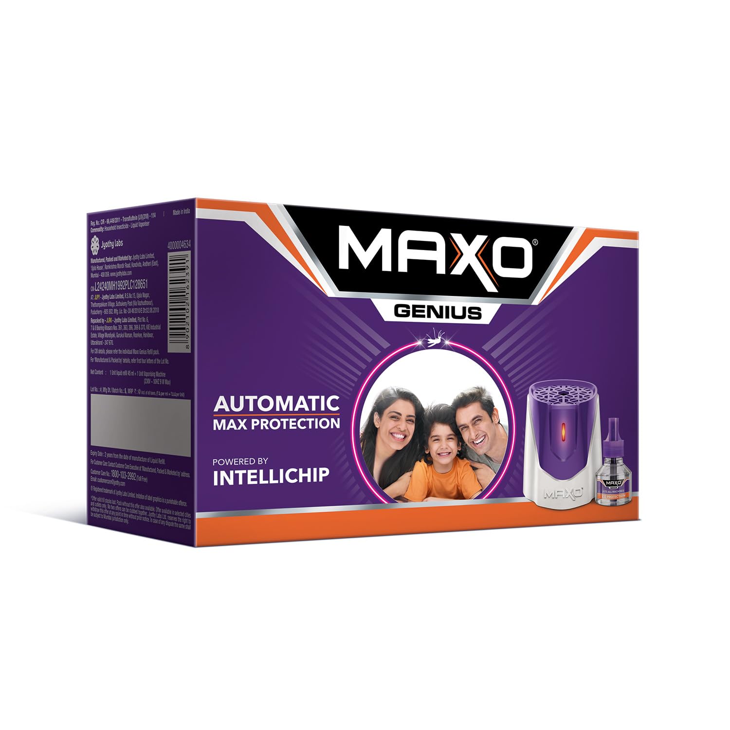 Maxo Genius Liquid Vaporizer Combo (Machine + 1 Refill Liquid 45ml)|India’s 1st Automatic Machine with INTELLICHIP Feature|Maximum Protection Against Dengue,Malaria Causing Mosquitoes -2X Protection