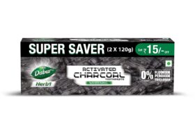 DABUR Herb’L Activated Charcoal Toothpaste 240G (120G x2, Pack of 2)|Whitening Black Gel Toothpaste|Fluoride Free|Fights Plaque & Extrinsic Stains|With Power of Mint|Cool & Refreshing Mouth Experience