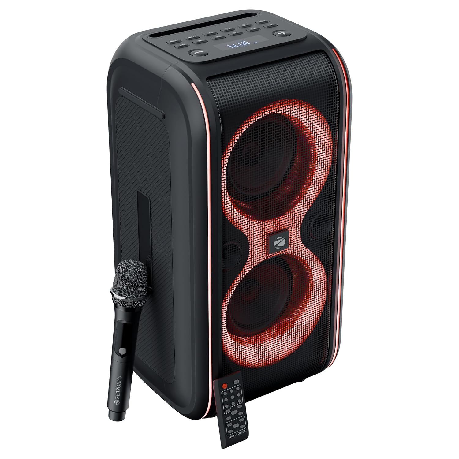 Zebronics Portable Bluetooth Speaker, Upto 5 Hours Playback, Dual 16.51cm Drivers, Karaoke, TWS, BT v5.4, USB, mSD, AUX, RGB, Wireless Mic with Display, Mobile Holder (Party Fyre 90)